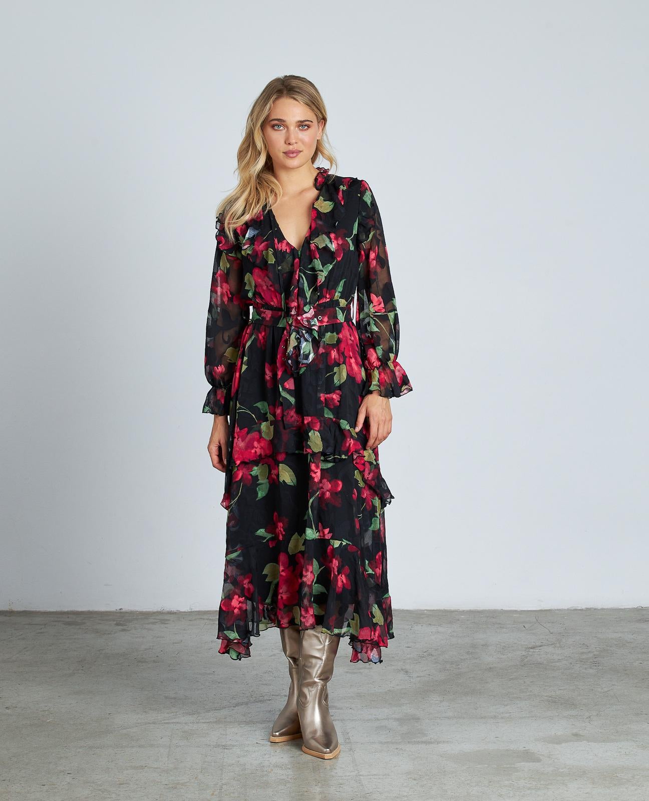 VESTIDO ESTAMPADO VOLANTES CINTURÓN