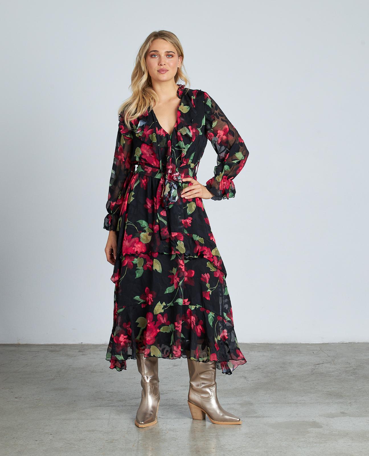 VESTIDO ESTAMPADO VOLANTES CINTURÓN