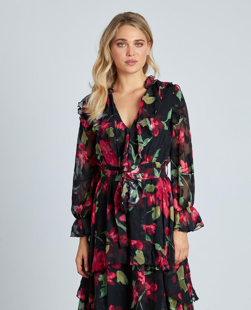 VESTIDO ESTAMPADO VOLANTES CINTURÓN